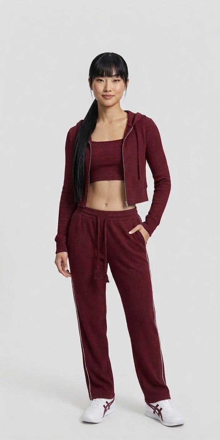 Cropped Zip-Up Hoodie With Matching Crop Top And Sweatpants