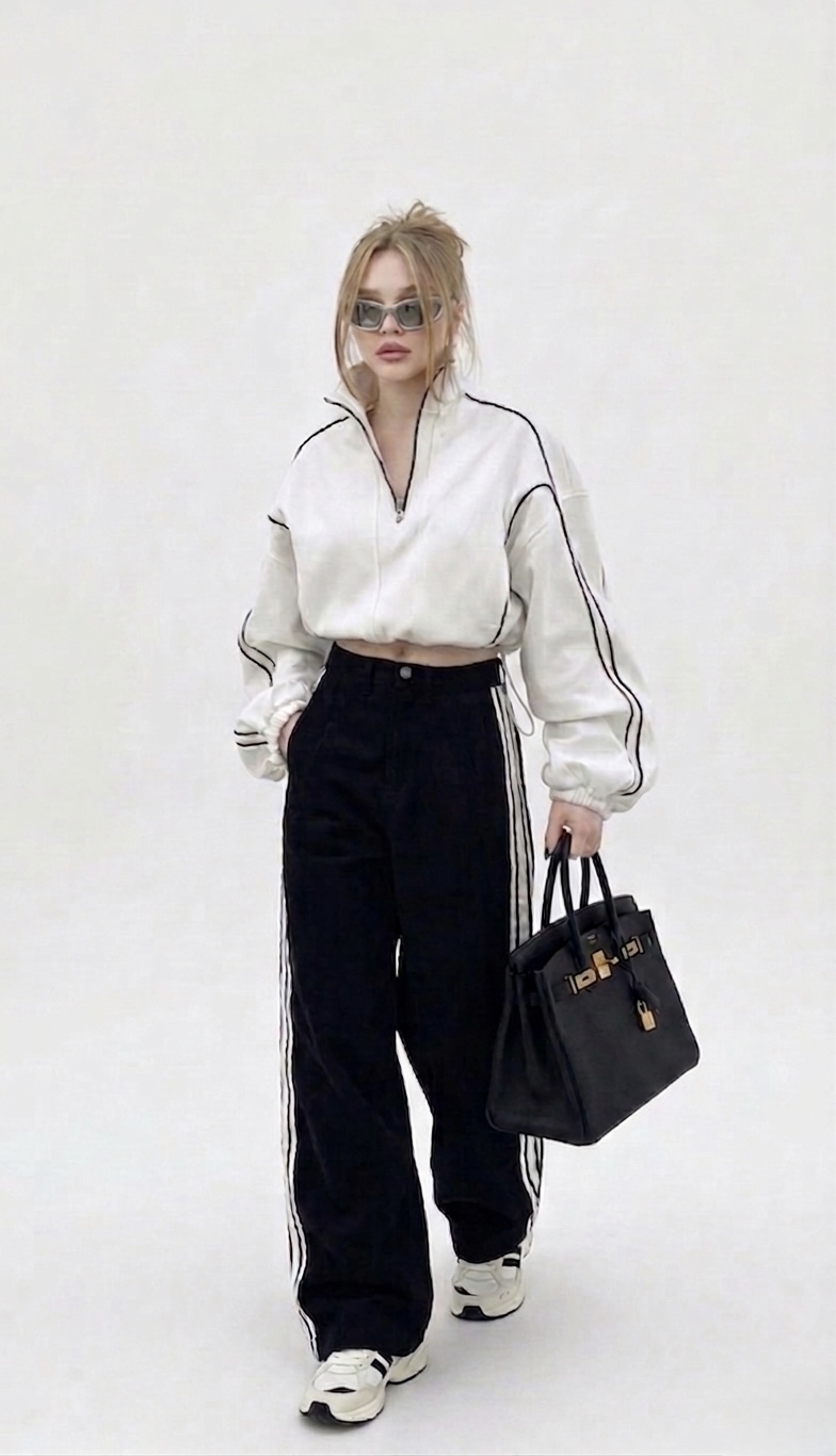 White Cropped Half-Zip Sweatshirt With Black Trouser